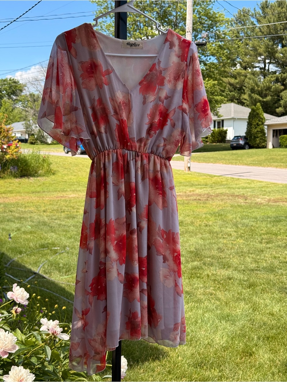 Haptics Floral V-Neck Midi Dress in Red and Pink